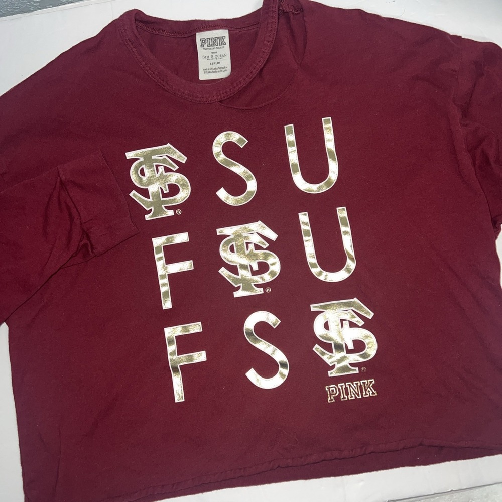 Florida State Seminoles Pink VS Shirt Women's Sz Small Burgundy Long Sleeve Crop - Picture 1 of 7